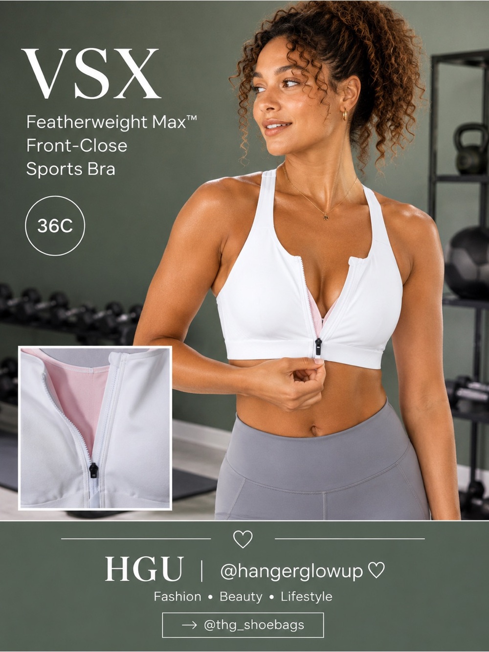 Victoria’s Secret VSX Featherweight Max Front Zip Sports Bra White 36C NWT